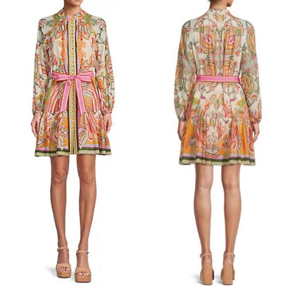 ANTONIO MELANI Dresses & Skirts - Antonio Melani Brynn Pink Scarf Floral Border Print Button
Front Dress NWT